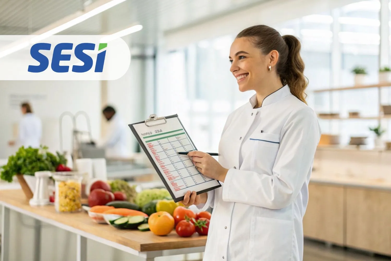 Profissional de nutrição planejando serviços de alimentação em cozinha industrial moderna, representando oportunidade de carreira no SESI.