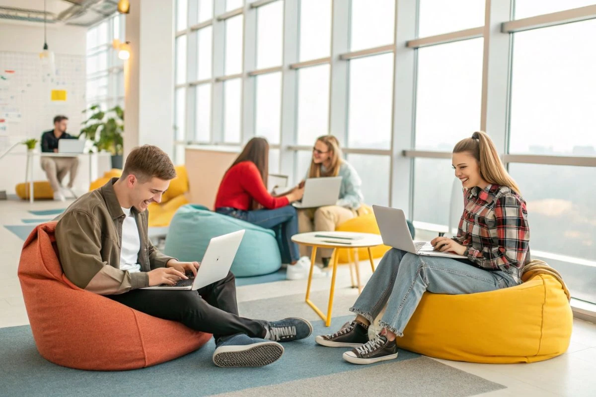 Áreas com mais empregos em Santa Catarina em 2025. Jovens profissionais em coworking.