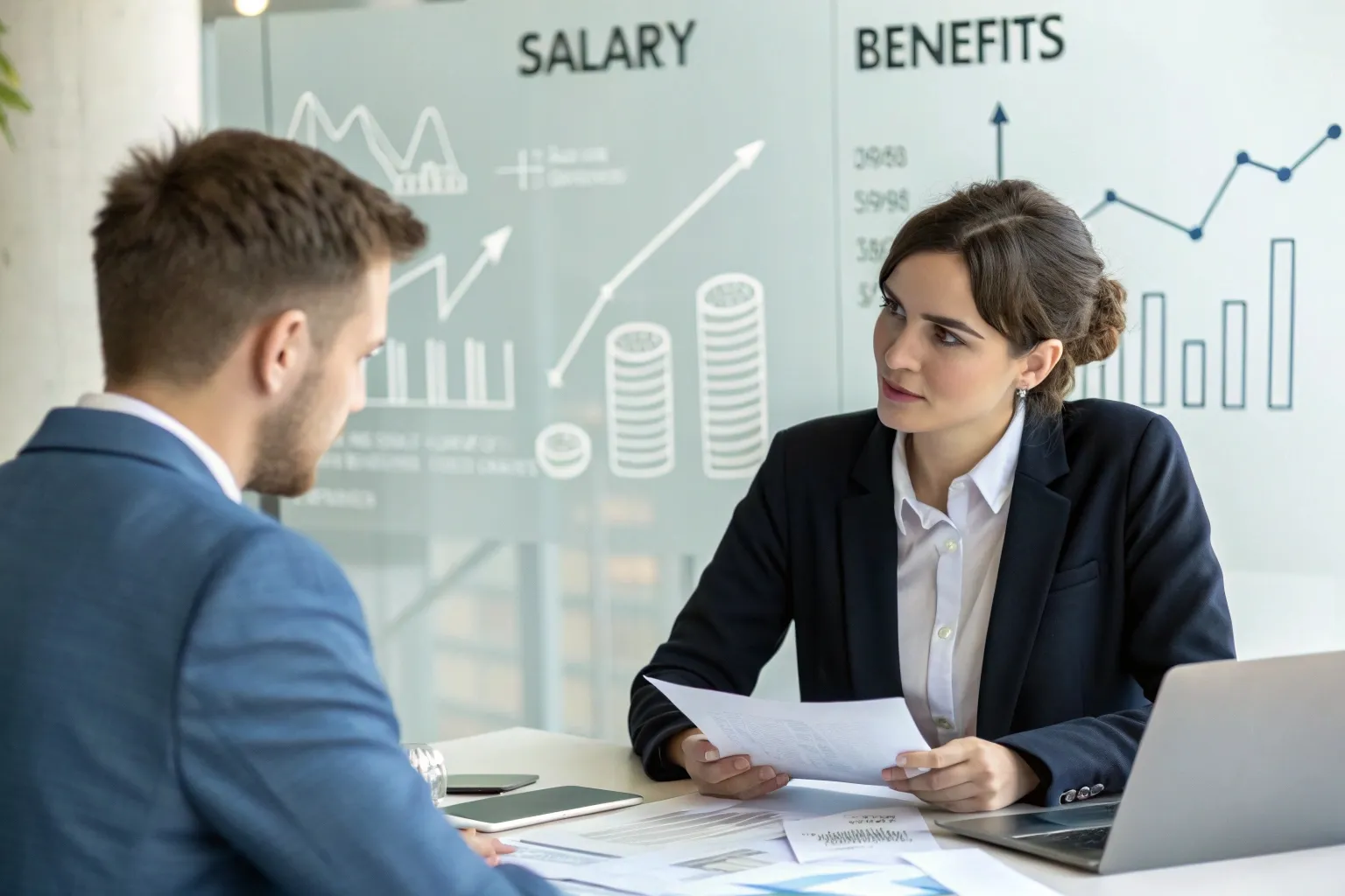 Pessoa confiante negociando salário com gestor em ambiente corporativo, com gráficos e benefícios destacados ao fundo.